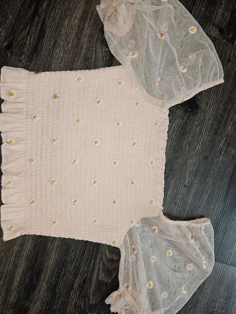 Altard State Pink Daisy Embroidered Puff Sleeve Top